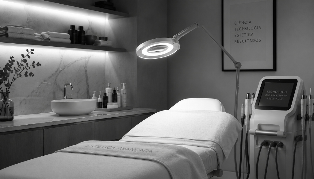Ambiente de clínica estética de elite avançada com tecnologia de ponta