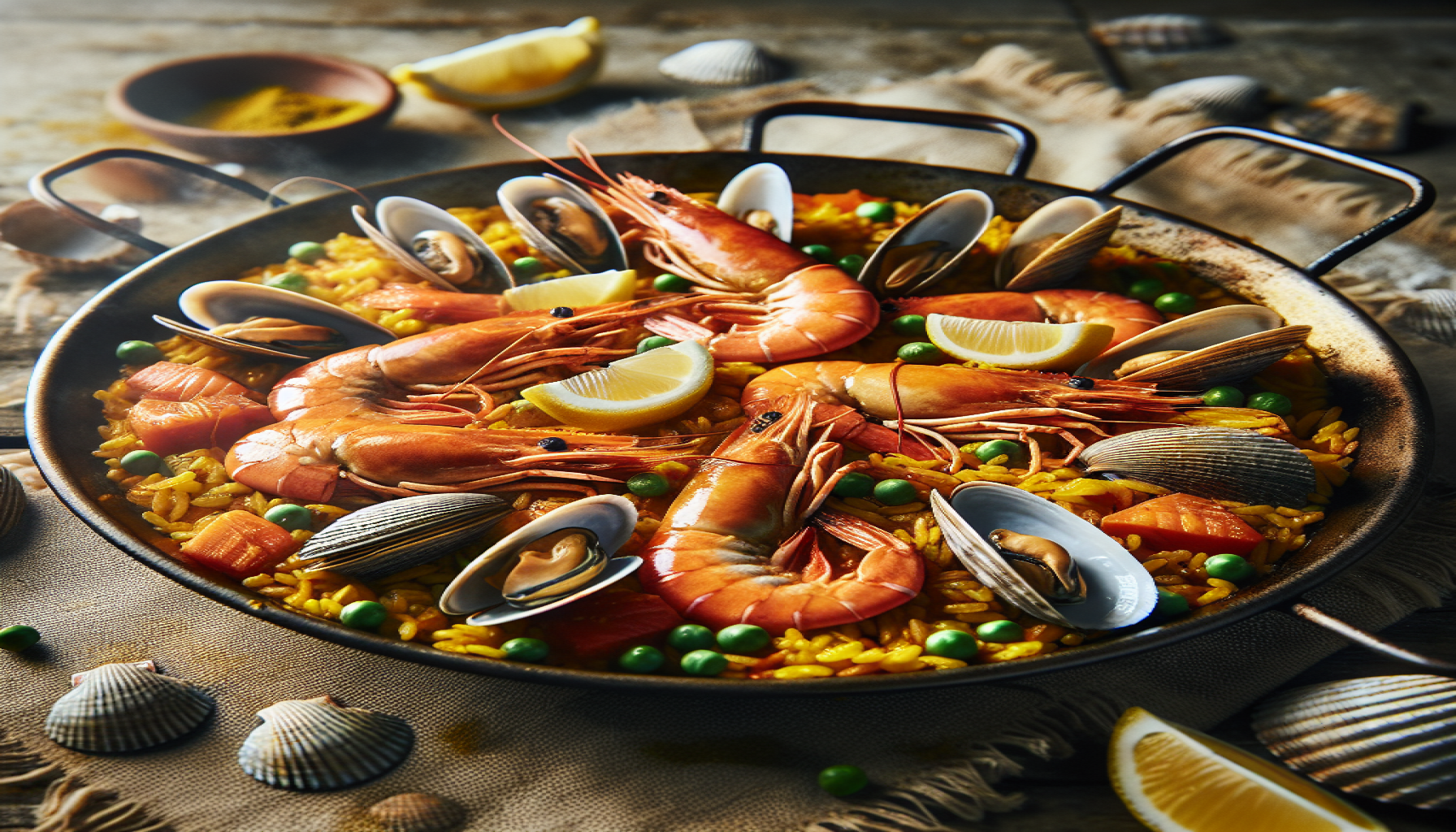 Paella espanhola com frutos do mar frescos